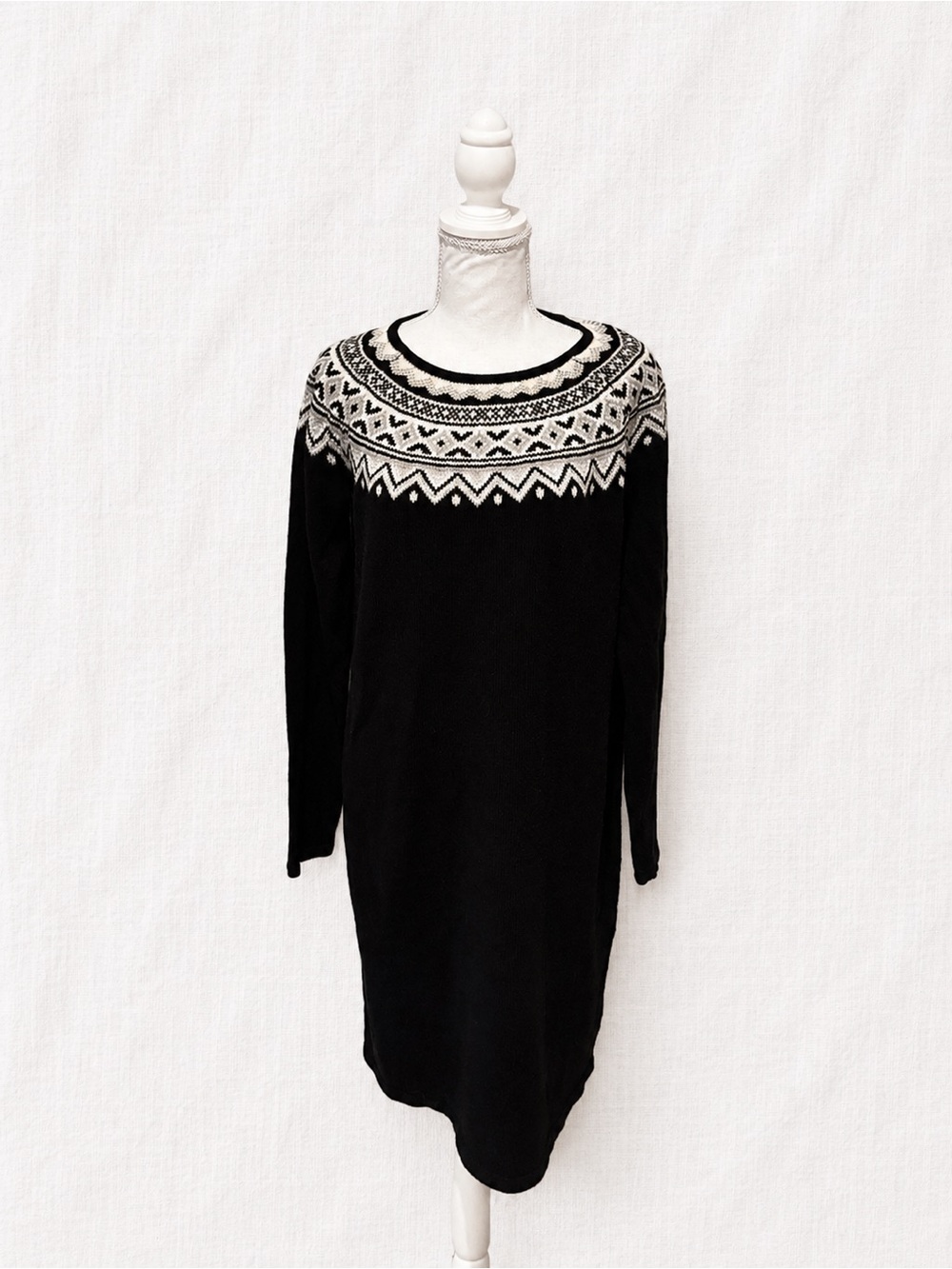 Chaps Black and White Fair Isle Long Sleeve Knit Dress